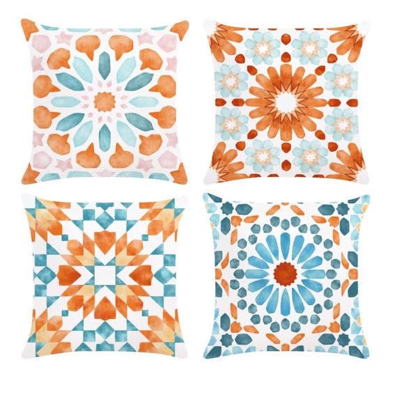 NEW•MANDALA BOHO CHIC BLUE AND ORANGE PILLOWCASES-PK of 4 - Picture 2 of 10